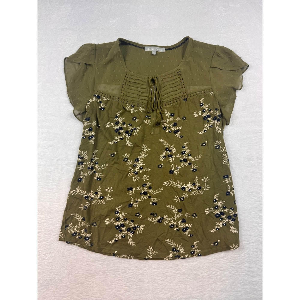 Daniel Rainn Olive Green Floral Swiss Dot Flutter Sleeve Blouse D19425RY2 Medium